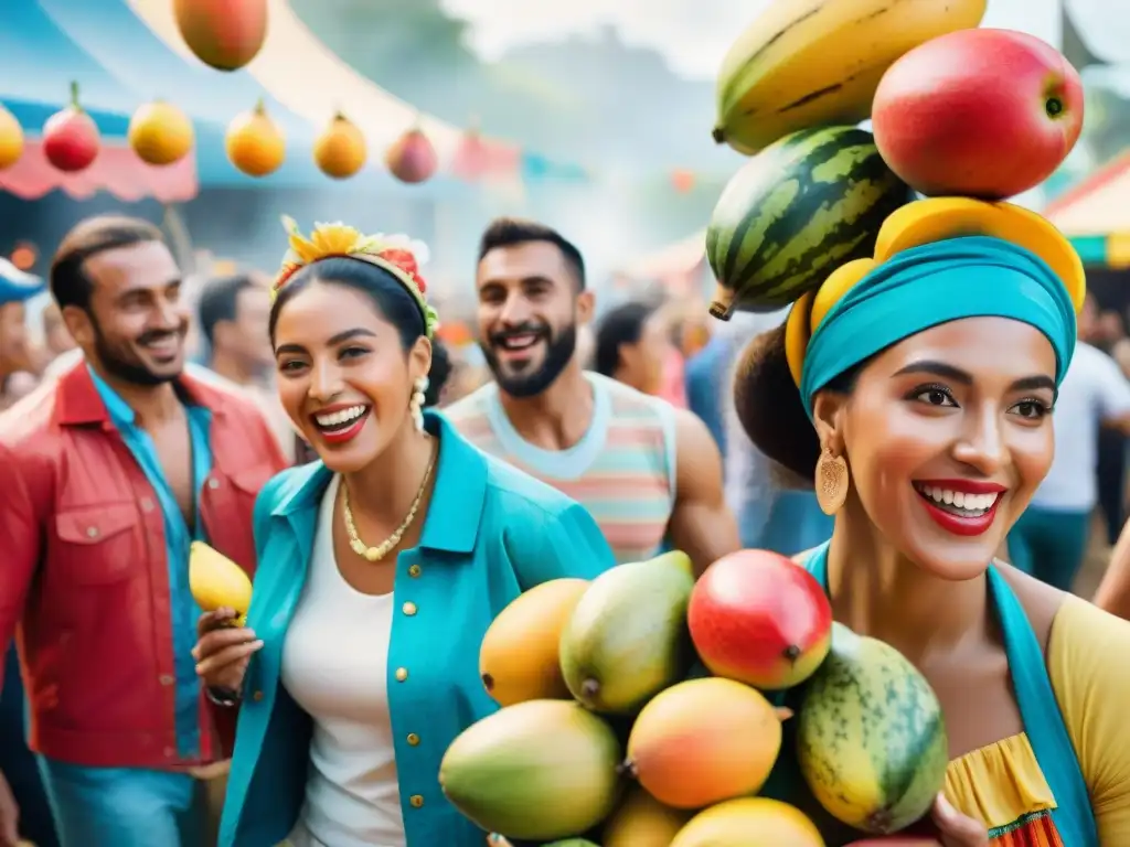 Colorida celebración de frutas y diversidad en el Carnaval de Uruguay Celebración de Carnaval en Uruguay con alimentación saludable: gente diversa disfrutando de frutas coloridas como mangos y sandías
