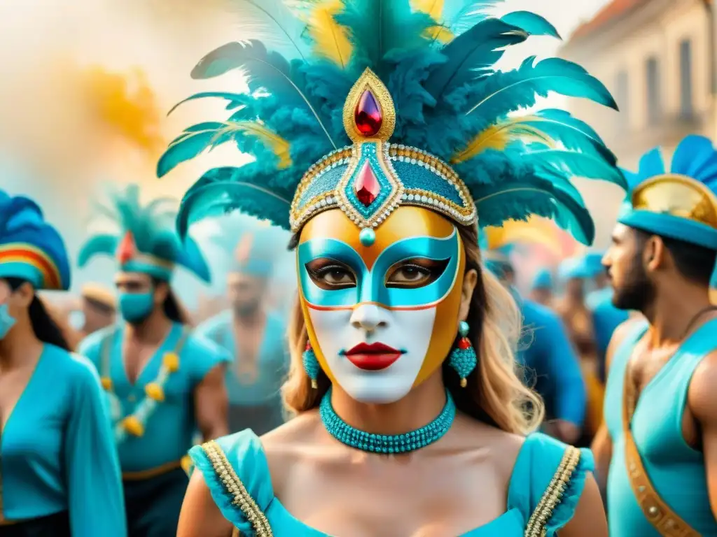 Transformación festiva: Carnaval de Uruguay evoluciona en acuarela Una celebración del Carnaval Uruguayo se transforma en digital, fusionando lo tradicional con lo virtual en una obra de arte visualmente cautivadora