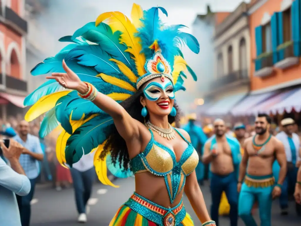 Vibrante Carnaval en Uruguay: Detalles en Acuarela Una celebración del Carnaval Uruguayo en el mundo: ¡una escena vibrante y llena de vida con deslumbrantes trajes y música alegre!