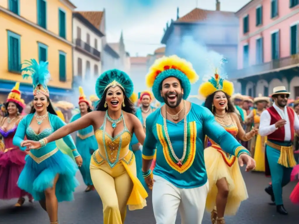 Desfile de Carnaval: Diversidad y Alegría en Uruguay Celebración de la diversidad en un alegre desfile de Carnaval: personas de distintas culturas bailan juntas, uniendo culturas a través del Carnaval