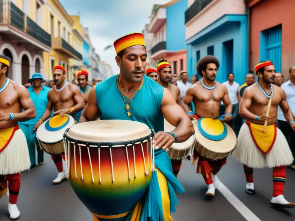 Celebración multicultural en Montevideo: vibrante candombe uniendo edificios históricos y banderas coloridas