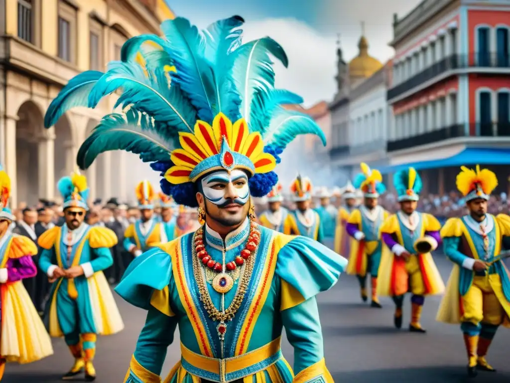 Desfile vibrante en Uruguay: Carnaval del siglo XX Una celebración vibrante del Carnaval Uruguayo en el siglo XX, con desfiles, música y espectadores maravillados