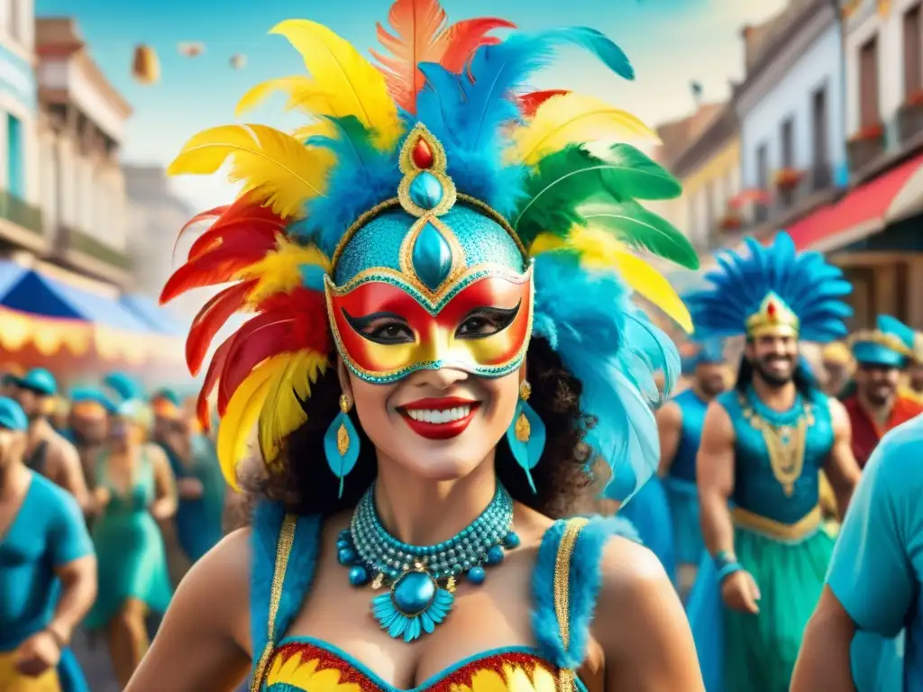 Carnaval Uruguayo: Explosión de color y alegría Una celebración vibrante del Carnaval Uruguayo: desfiles coloridos, máscaras intrincadas y danzas en trajes elaborados