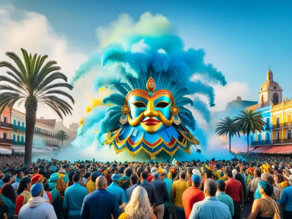 Mural acuarela vibrante del Carnaval Uruguayo Una celebración vibrante del Carnaval Uruguayo con integración de marcas en disfraces y carros alegóricos, música y espectadores emocionados