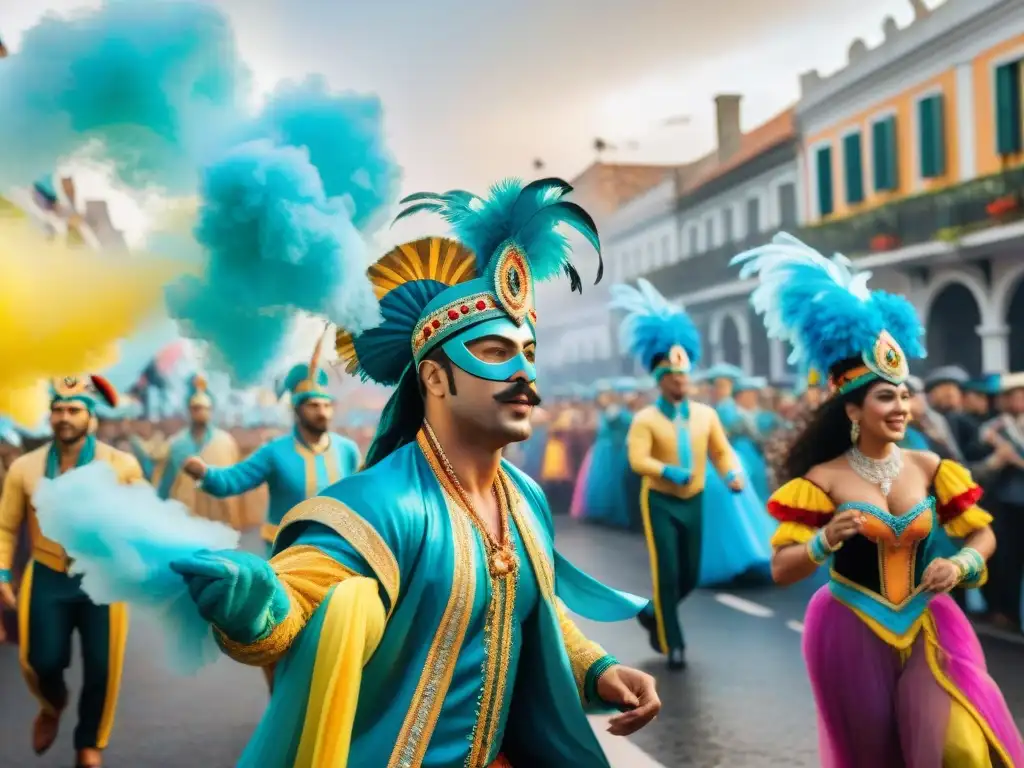 Carnaval en Uruguay: pintura acuarela vibrante y detallada Una celebración vibrante del Carnaval Uruguayo con detallados trajes, músicos y espectadores, capturando la rica herencia cultural