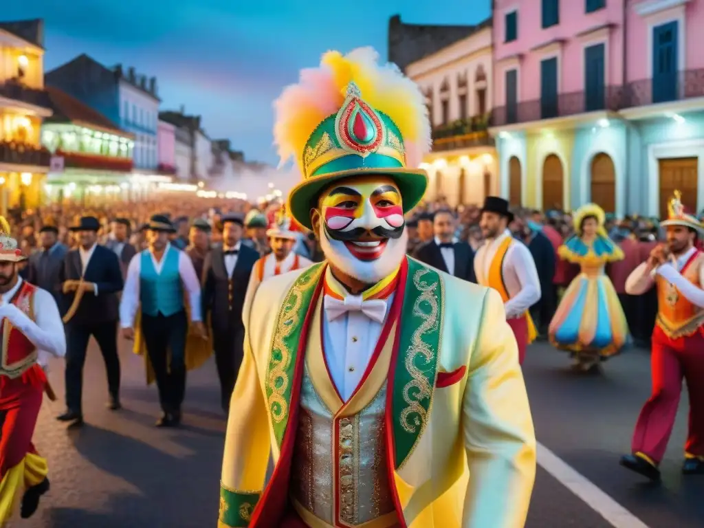 Desfile de Carnaval vibrante en Uruguay Una celebración vibrante y colorida del Carnaval en Uruguay, desfile con floats y bailarines, historia y tradición en cada detalle