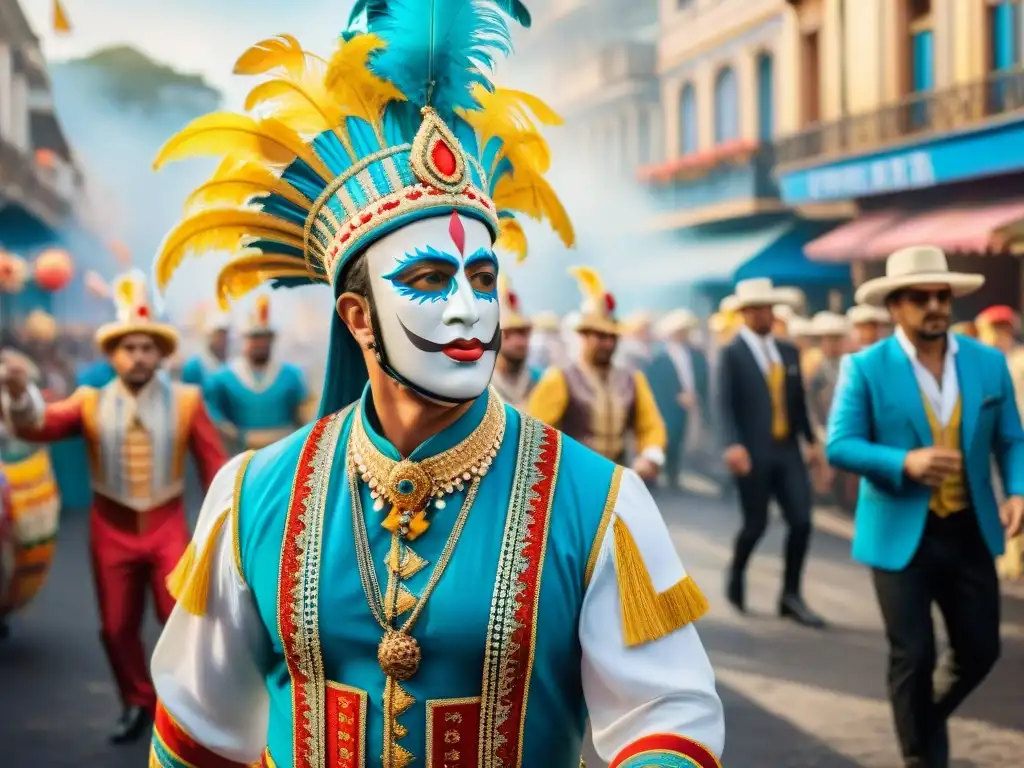 Vibrante carnaval uruguayo: comparsas y lubolos en acuarela Una celebración vibrante de comparsas en un carnaval uruguayo, con impacto en la identidad cultural