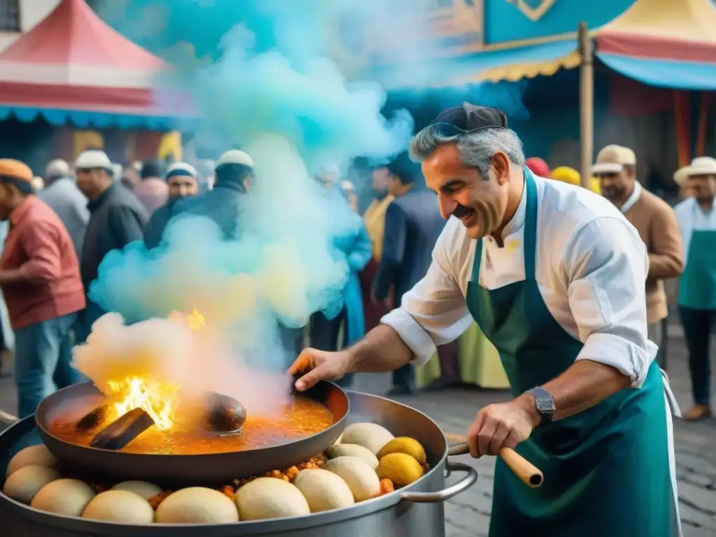 Pintura acuarela detallada de un vibrante carnaval uruguayo Un chef prepara una olla de guiso en el Carnaval Uruguayo, mientras los bailarines celebran en trajes coloridos