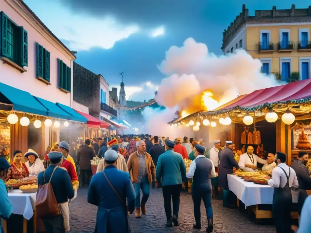 Colorida escena de Carnaval en Uruguay con chefs y multitud festiva Chefs gastronomía Carnaval Uruguayo: Escena vibrante del Carnaval en Uruguay con chefs cocinando platos tradicionales rodeados de una multitud alegre