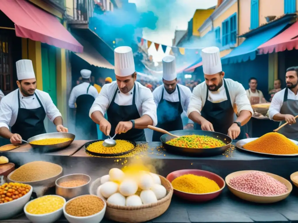 Carnaval en Uruguay: Gastronomía y Colorido Chefs preparando delicias en el vibrante Carnaval de Uruguay, fusionando gastronomía y espectáculo