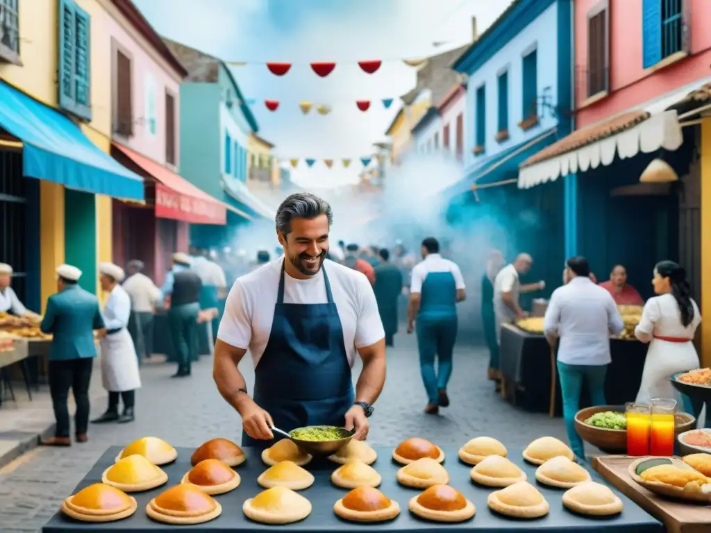 Colorida celebración culinaria en Carnaval uruguayo Chefs preparando delicias en el vibrante Carnaval Uruguayo con comida tradicional y coloridos disfraces
