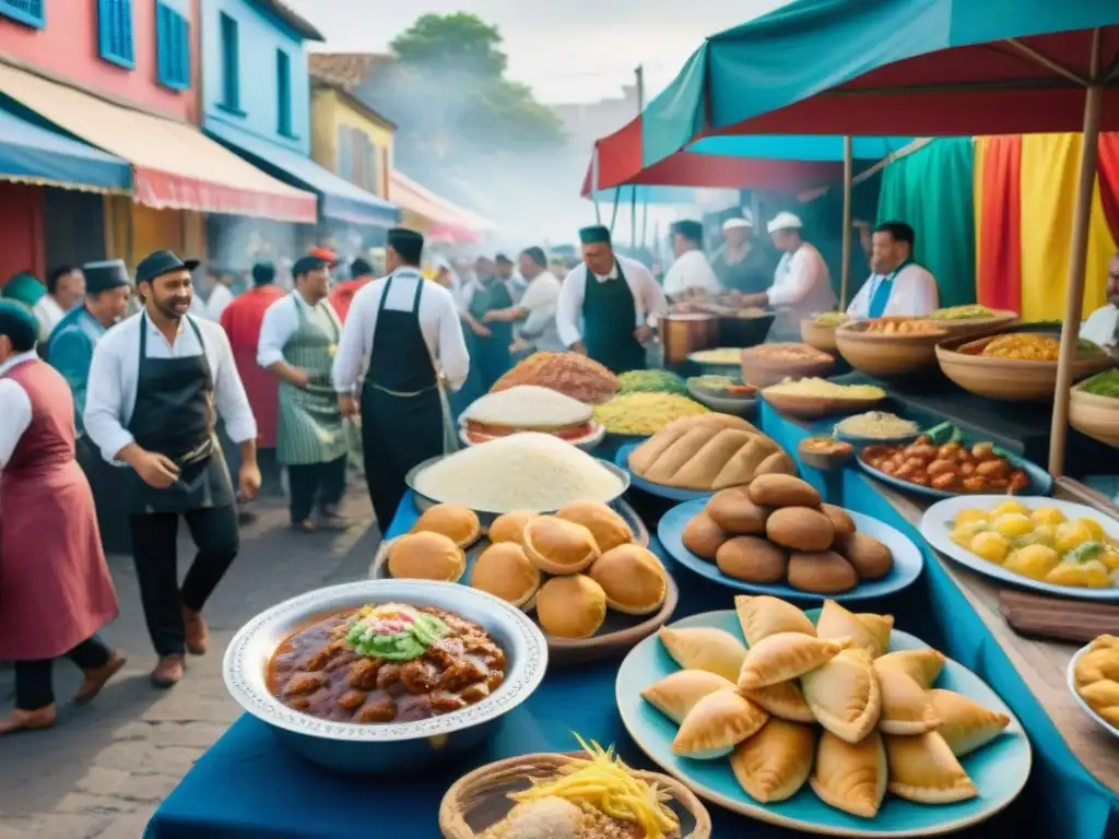 Escena vibrante del Carnaval en Uruguay: sabores y tradiciones Chefs destacados en el vibrante Carnaval Uruguayo con coloridos puestos de comida y ambiente festivo