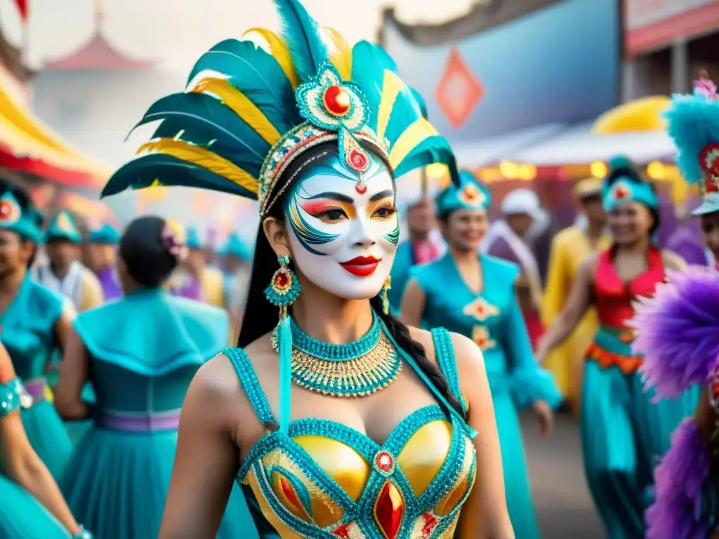 China Zorrilla en Carnaval: Celebración Colorida y Vibrante China Zorrilla destaca en un vibrante y detallado traje de carnaval, rodeada de coloridos bailarines y carrozas