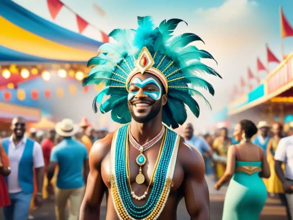 Diversidad y alegría en un carnaval comunitario Participación ciudadana en el Carnaval: escena vibrante y colorida de un desfile con voluntarios y la comunidad