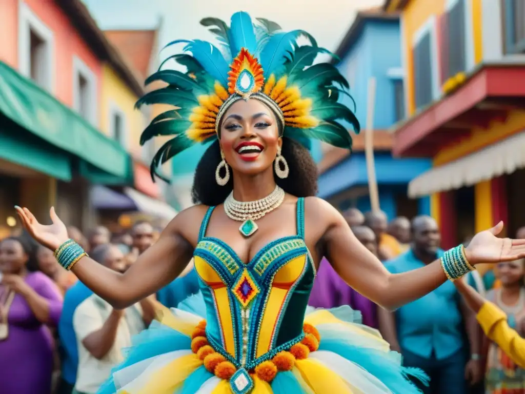 Vedette Afrouruguaya en Carnaval: detalle acuarela vibrante Clementina, vedette afrouruguaya en Carnaval, irradia energía y orgullo en su traje festivo rodeada de multitudes alegres
