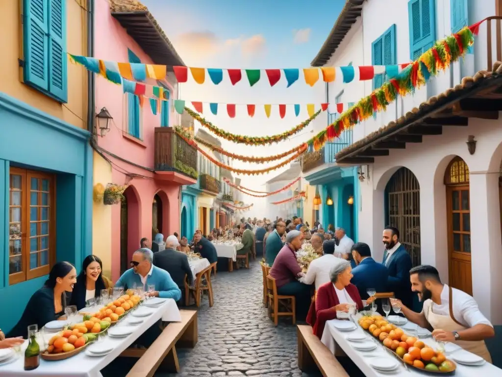 Cocina festiva en Carnaval Uruguayo: Chefs preparando platos en una calle colorida y bulliciosa, fusionando culturas en un ambiente alegre y vibrante