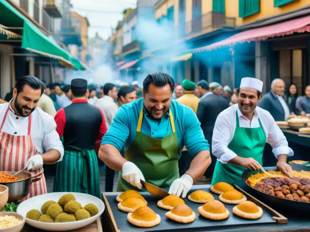 Cocina festiva en Carnaval Uruguayo: Colorida escena callejera en Montevideo con chefs y comida tradicional uruguaya