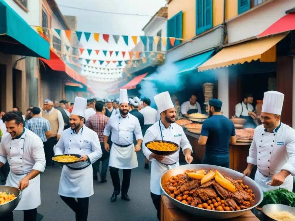 Carnaval uruguayo: Cocinando tradiciones en la calle Cocina tradicional en Carnaval Uruguayo: Chefs preparando platos típicos entre la alegría y colorido de la celebración