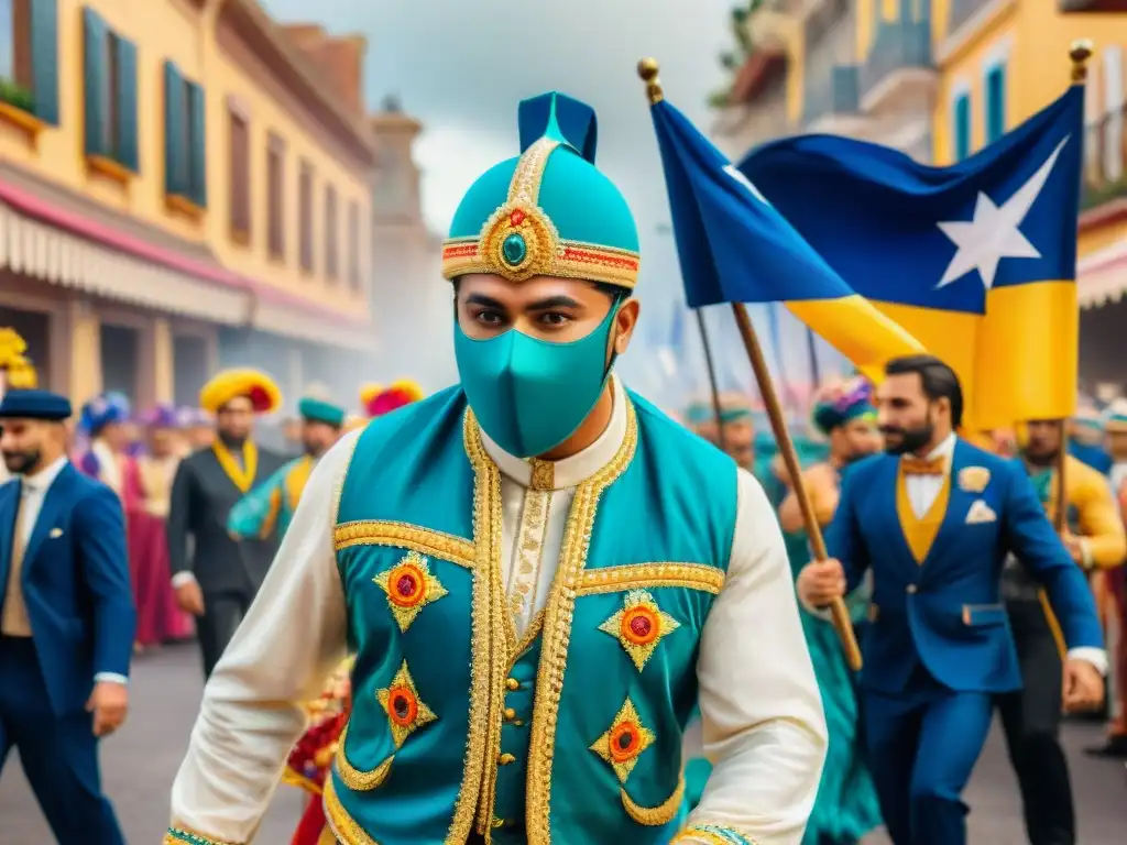 Vibrante Carnaval Uruguayo: Desfile de colores y alegría Colaboración exitosa en Carnaval Uruguayo: Desfile vibrante y colorido con danzas, música y espectadores emocionados