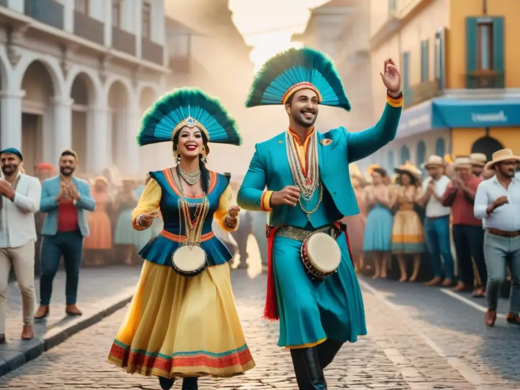 Colorida murga en Montevideo: vibrante colaboración callejera Colaboraciones memorables entre murgas Uruguay: Dos coloridas murgas actuando juntas en Montevideo, rodeadas de espectadores entusiastas