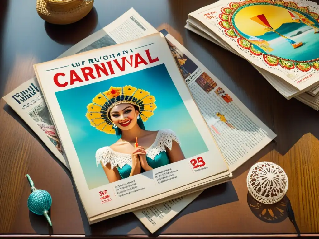 Revistas de Carnaval uruguayo vintage en acuarela detallada Un collage detallado de revistas antiguas del Carnaval Uruguayo en una mesa de madera, iluminadas por el sol