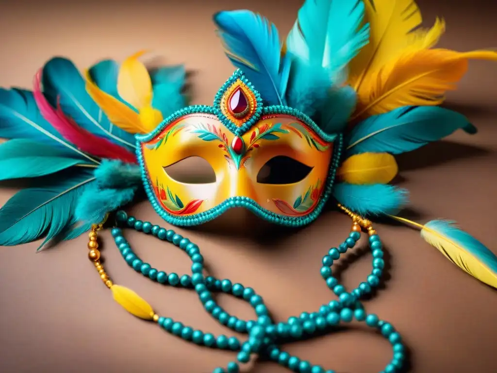 Deslumbrantes accesorios de Carnaval uruguayo Una colorida ilustración acuarela de Accesorios originales para Carnaval en Uruguay: máscaras elaboradas, plumas y ornamentos detallados