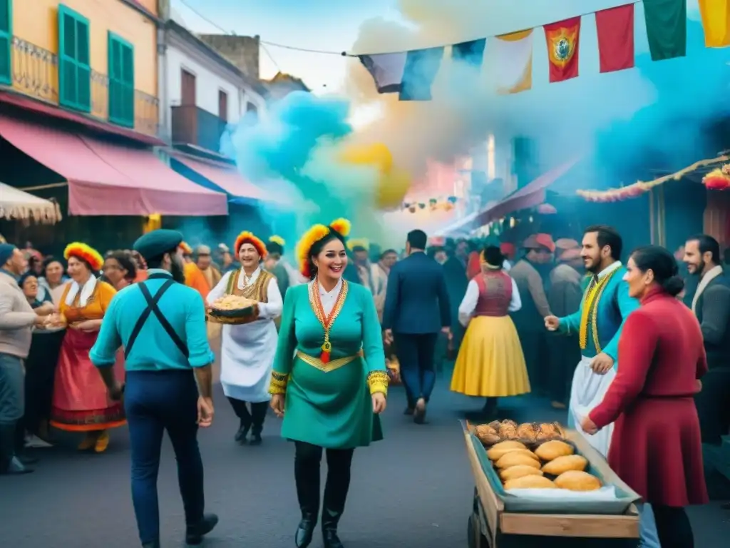 Escena vibrante del Carnaval Uruguayo: colores, sabores y alegría Una colorida ilustración en acuarela muestra la animada Gastronomía del Carnaval Uruguayo con puestos de comida tradicional y ambiente festivo