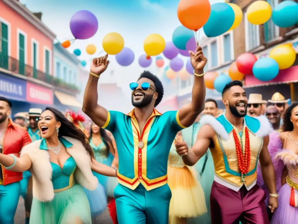 Desfile de Carnaval: Celebración colorida y diversa en las calles Una colorida ilustración acuarela de Agrupaciones LGBT+ en Carnaval Uruguayo, con personajes en trajes festivos y desfile alegre