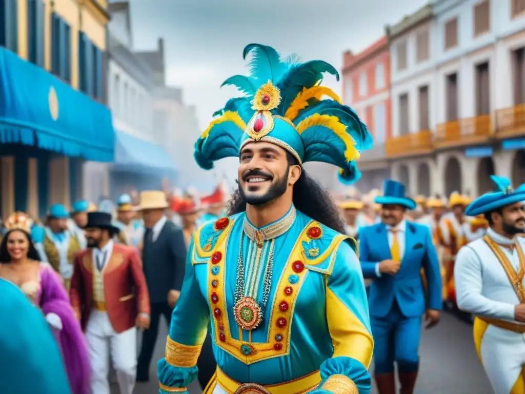 Una colorida y animada ilustración acuarela del Carnaval en Uruguay, con deslumbrantes carrozas y bailarines, frente a históricas columnas