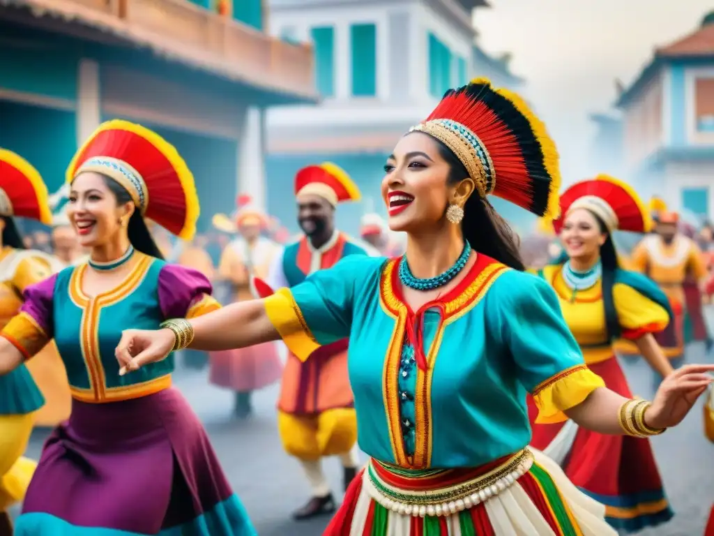 Desfile multicultural en el Carnaval Uruguayo Colorida ilustración acuarela de artistas de todo el mundo en trajes tradicionales, danzando en el Carnaval Uruguayo
