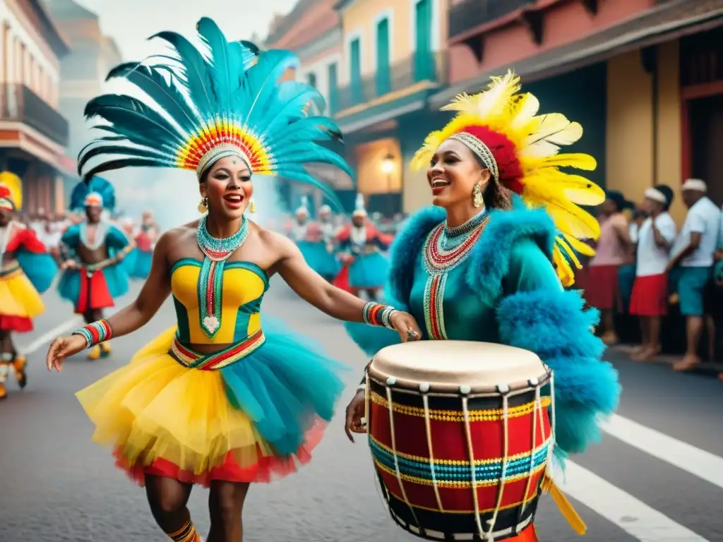 Colorida ilustración acuarela de bailarines de Candombe en Uruguay, con trajes tradicionales y significado cultural