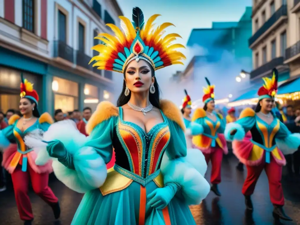 Danzantes tecnológicos en Carnaval uruguayo Colorida ilustración acuarela de bailarines con trajes tecnológicos en el Carnaval Uruguayo