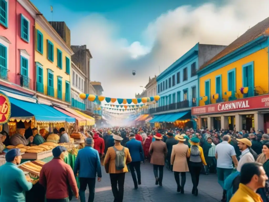 Una colorida ilustración acuarela de la bulliciosa calle en Uruguay durante el Carnaval, con Platos típicos Carnaval Uruguayo y ambiente festivo