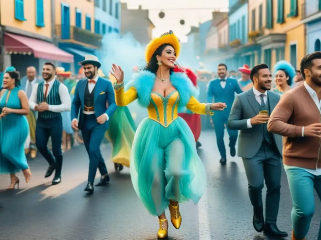 Carnaval en Uruguay: Explosión de color y alegría en las calles Una colorida ilustración acuarela de un bullicioso desfile en Uruguay durante el Carnaval, con carros alegóricos, bailarines y espectadores