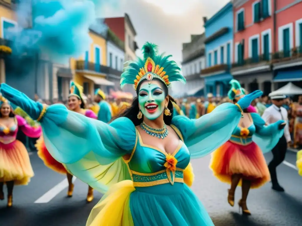 Deslumbrante desfile de Carnaval en Uruguay Una colorida ilustración acuarela del bullicioso desfile de Carnaval en Uruguay, con carrozas, bailarines y espectadores alegres