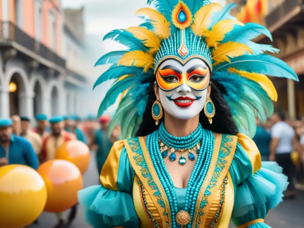 Carnaval en Uruguay: escena callejera vibrante y colorida Una colorida ilustración acuarela del Carnaval en Uruguay, con carrozas, bailarines y espectadores disfrutando de la festividad
