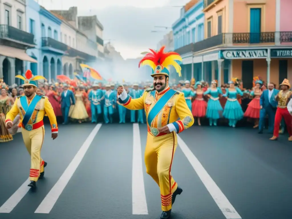 Carnaval en Uruguay: pintura acuarela vibrante Celebración colorida en Carnaval con Huellas de Idea Vilariño, desfiles y danzas vibrantes