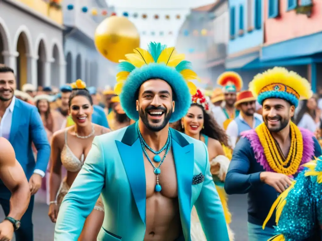 Carnaval inclusivo y alegre en Uruguay Una colorida ilustración acuarela de un Carnaval inclusivo en Uruguay con personas diversas disfrutando alegremente del desfile