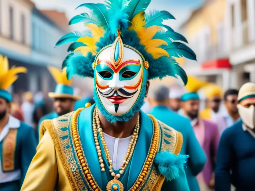 Desfile colorido de personajes de carnaval en Uruguay Una colorida ilustración acuarela del Carnaval en Uruguay con personajes destacados