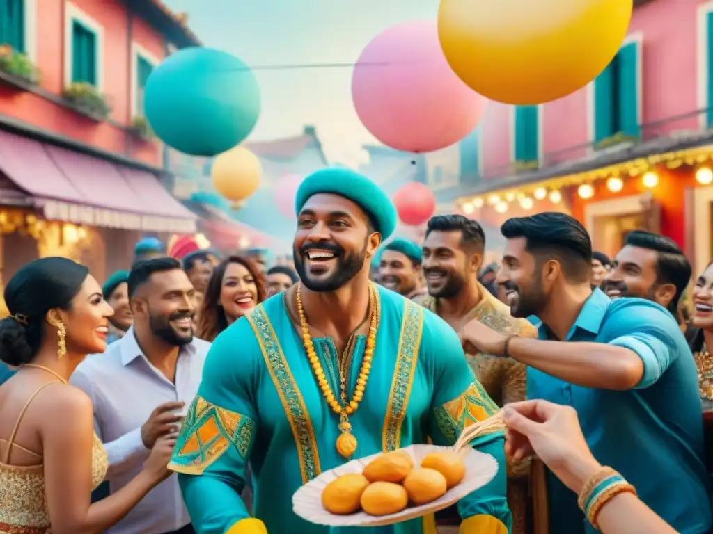 Colorido Carnaval: Celebración con Pastel de Carne Colorida celebración de Carnaval con Receta tradicional pastel de carne compartido entre personas en trajes vibrantes