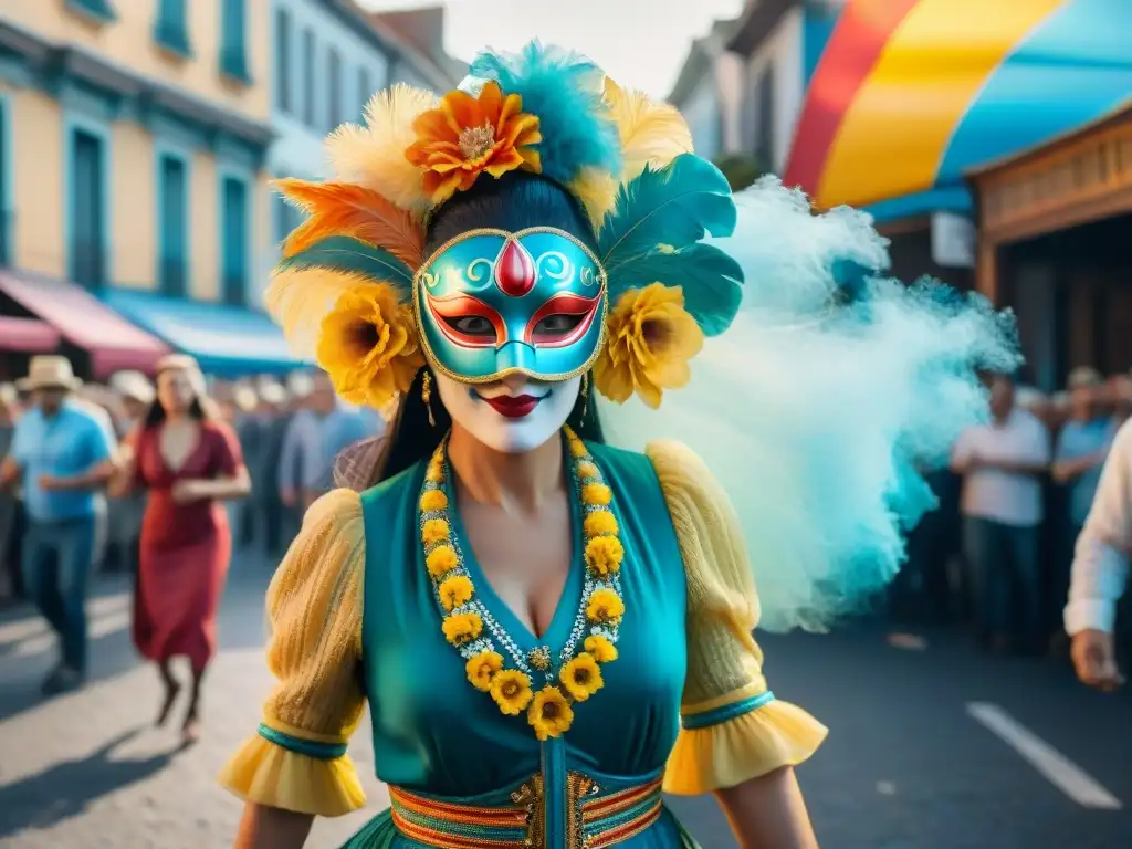 Carnaval en Uruguay: calle bulliciosa y colorida Una colorida ilustración acuarela del Carnaval en Uruguay con trajes y bailes tradicionales, capturando la energía festiva