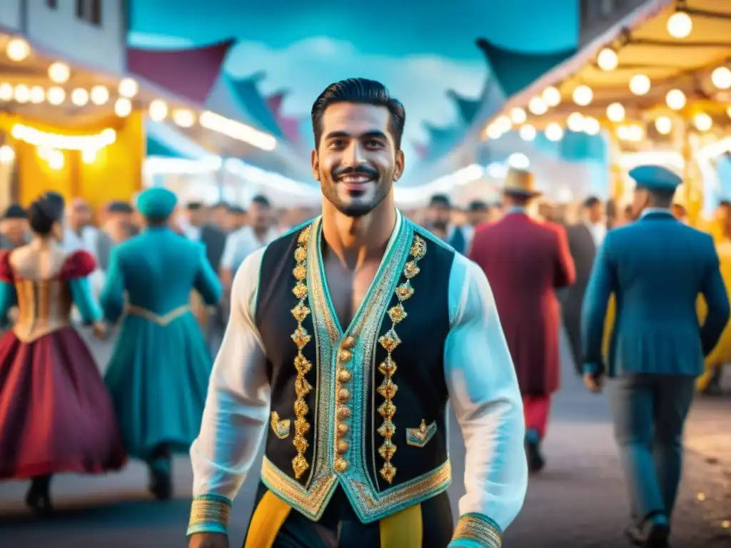 Carnaval en Uruguay: ilustración vibrante llena de color y alegría Una colorida ilustración acuarela de Carnaval en Uruguay con trajes tradicionales, bailarines y música vibrante