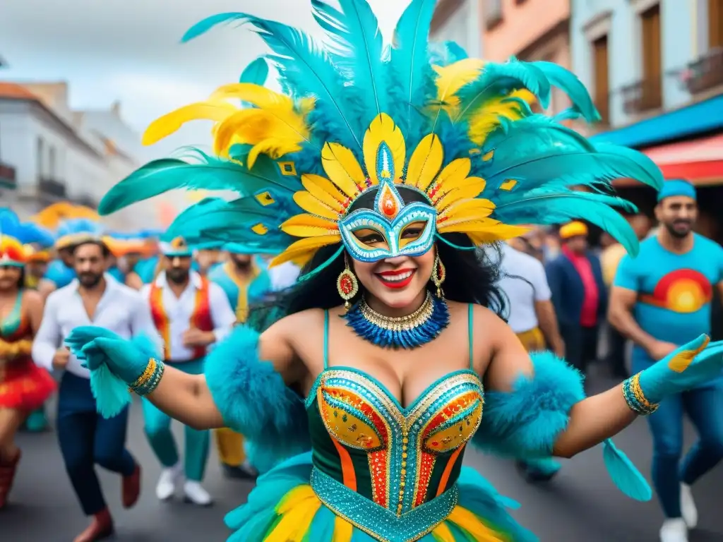 Baile vibrante en el Carnaval de Uruguay Colorida preparación Carnaval Uruguayo: bailarines con máscaras y plumas, danzan al ritmo de tambores en la calle abarrotada