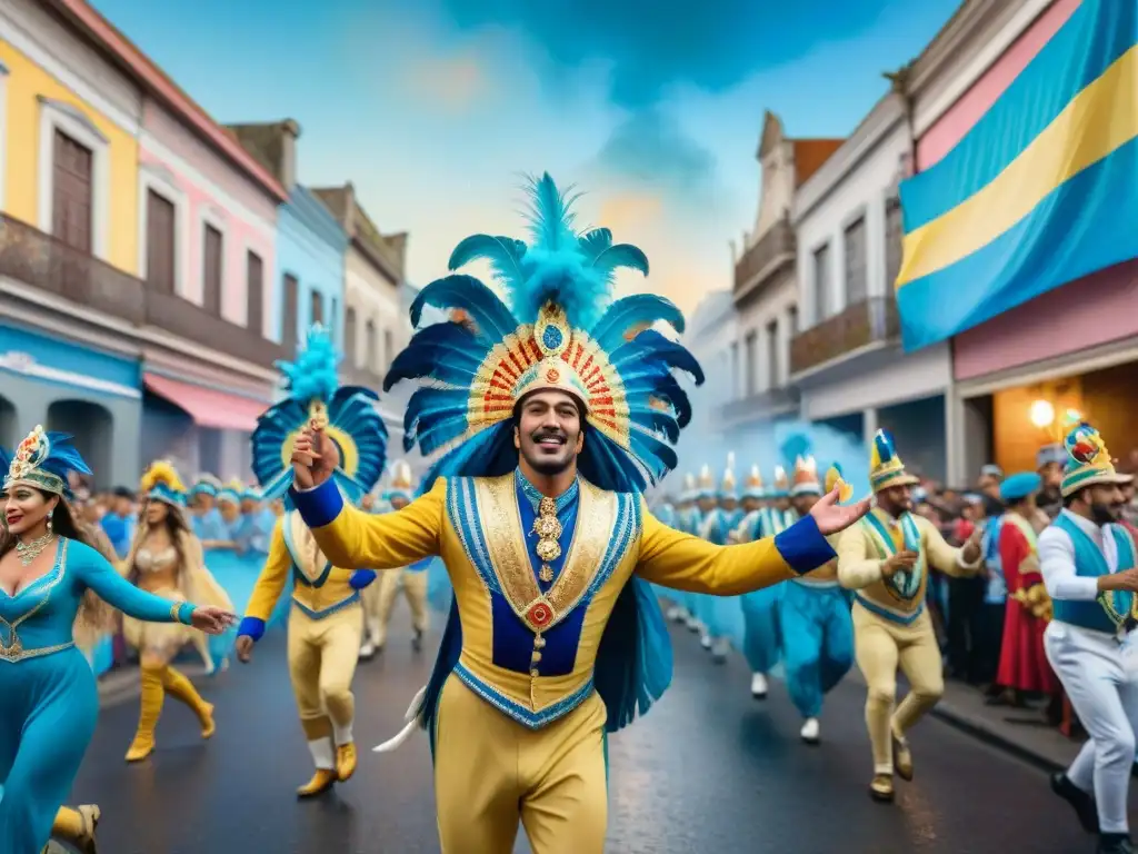 Vibrante Carnaval en Uruguay: danzas, música y alegría Una colorida fotografía del Carnaval Uruguayo con bailarines, músicos y espectadores animados en las calles históricas