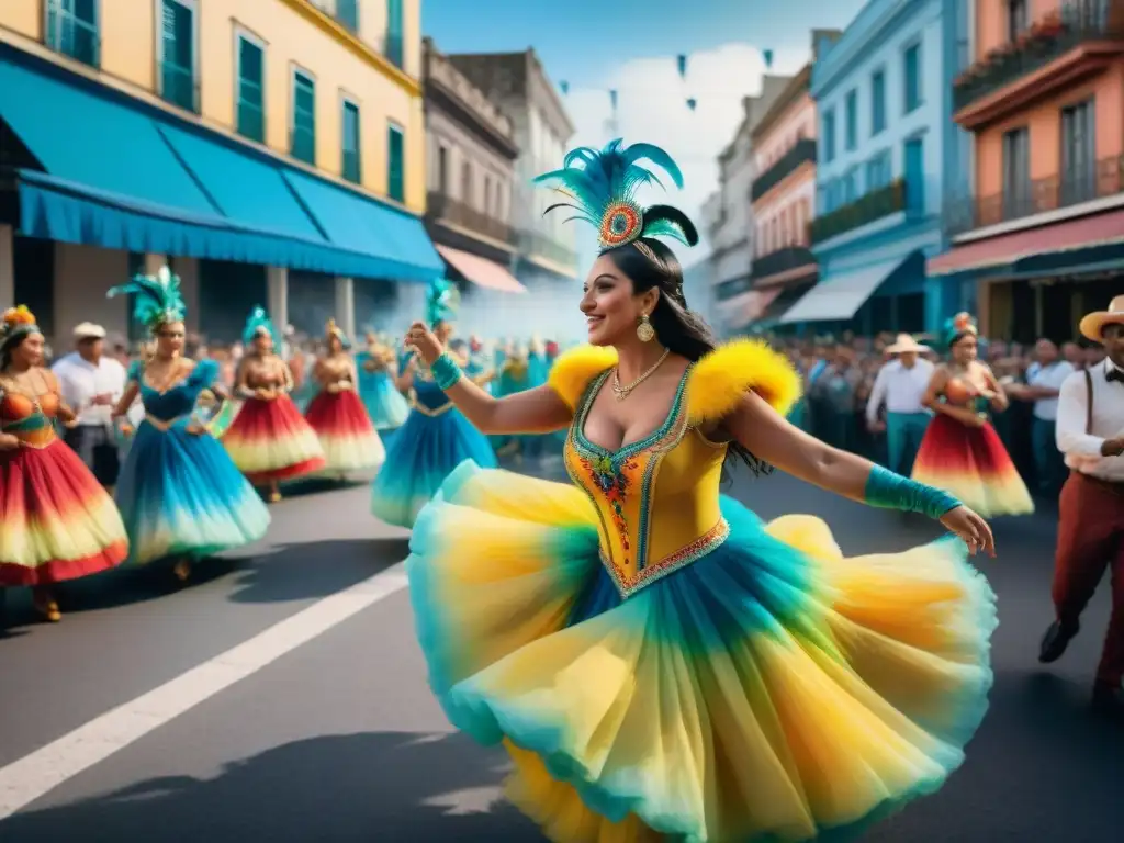 Pintura acuarela detallada: Carnaval en Uruguay Una colorida fotografía del Carnaval Uruguayo, con bailarines, músicos y espectadores disfrutando del desfile festivo en una bulliciosa calle