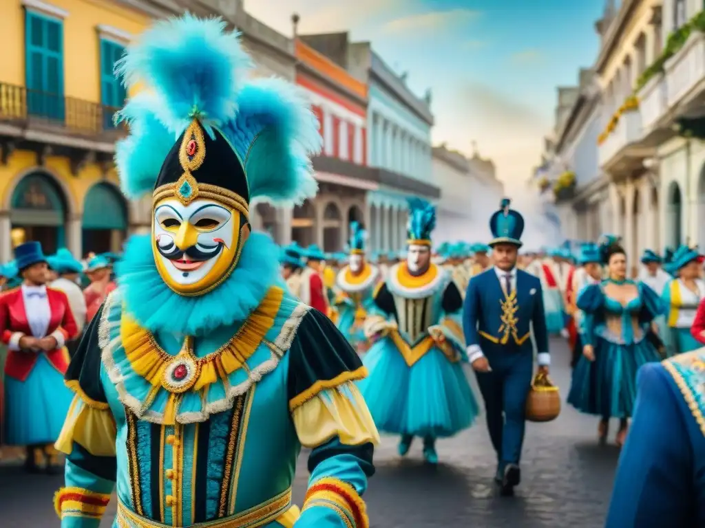 Deslumbrante desfile de carnaval en Uruguay Colorida evolución del Carnaval Uruguayo en imágenes, con deslumbrante desfile y arquitectura colonial de fondo