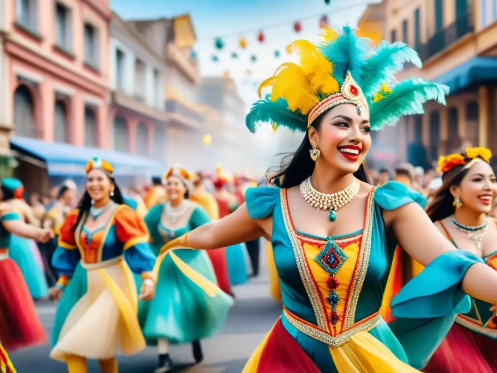 Colorida celebración del Carnaval Uruguayo con personas en trajes tradicionales, bailando alegremente en un desfile sostenible