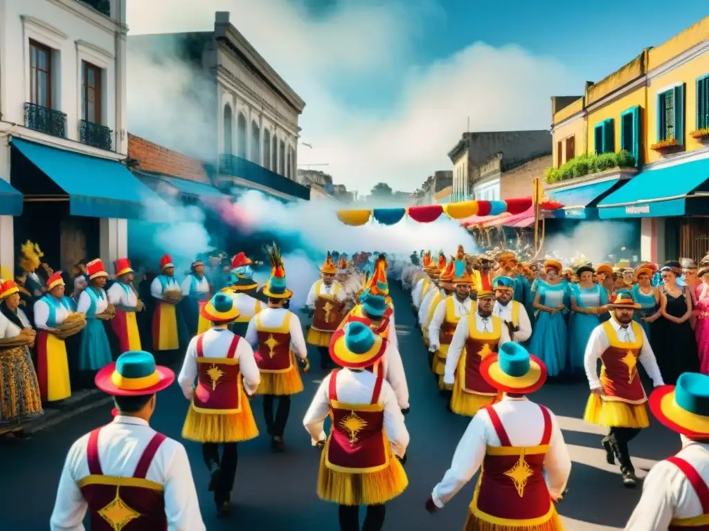 Deslumbrante carnaval uruguayo: colores, baile y tradición Colorida celebración del Carnaval Uruguayo con tradición culinaria: asado y chivito bajo el sol brillante