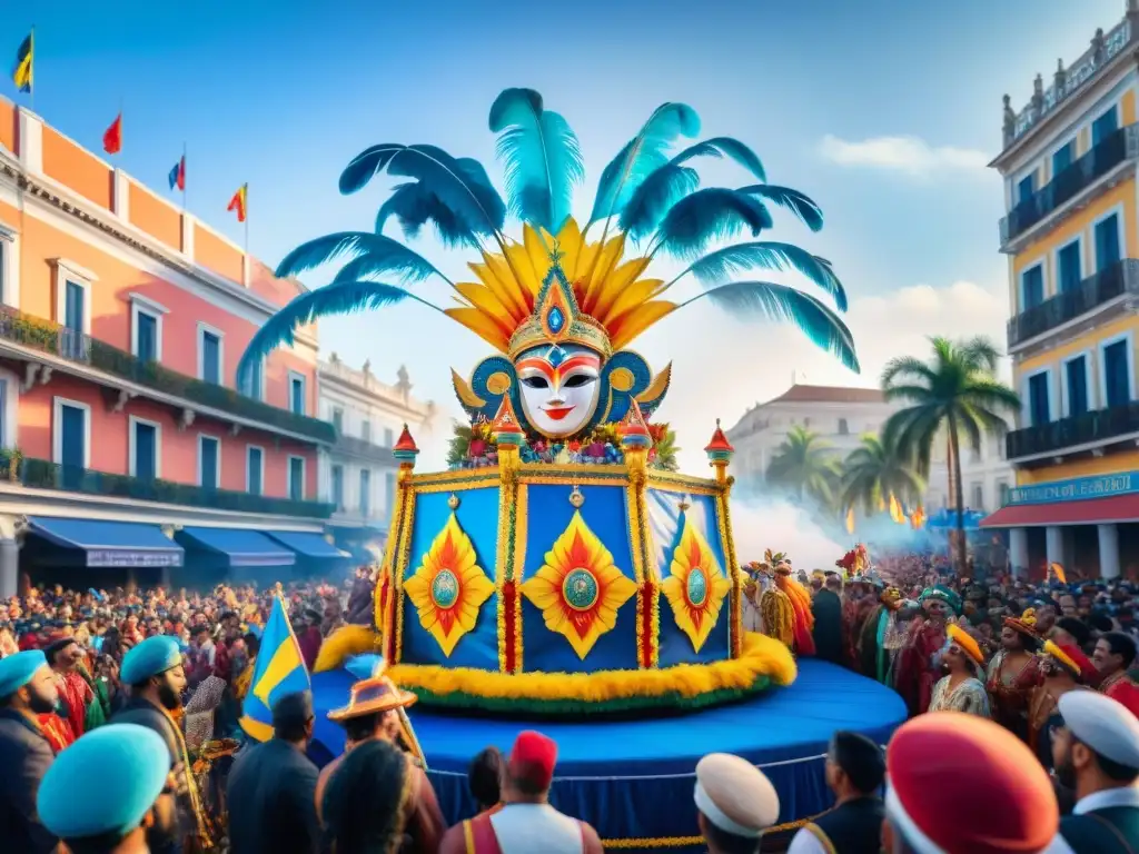Deslumbrante desfile de Carnaval en Uruguay Una colorida carroza de carnaval uruguayo rodeada de espectadores entusiastas