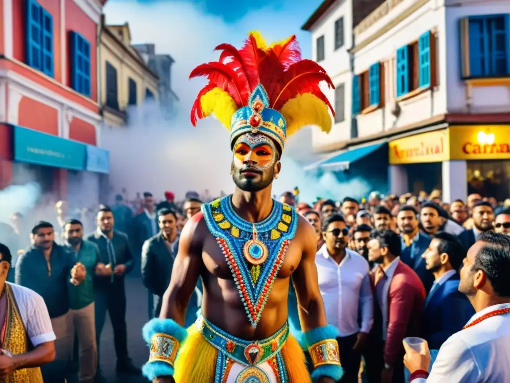 Carroza del Carnaval Uruguayo: Detalles vibrantes Una colorida carroza del Carnaval Uruguayo, rodeada de espectadores maravillados por el arte plástico del artista